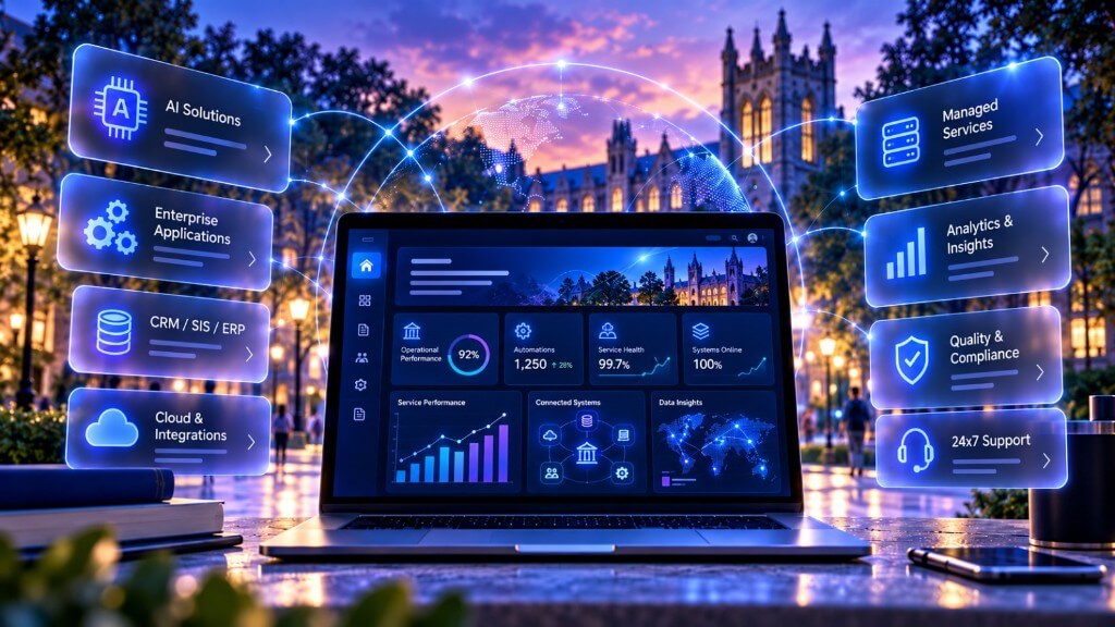 Campus at dusk with a laptop dashboard and HigherEdBPO service cards for AI solutions, applications, CRM, cloud, managed services, analytics, compliance, and support